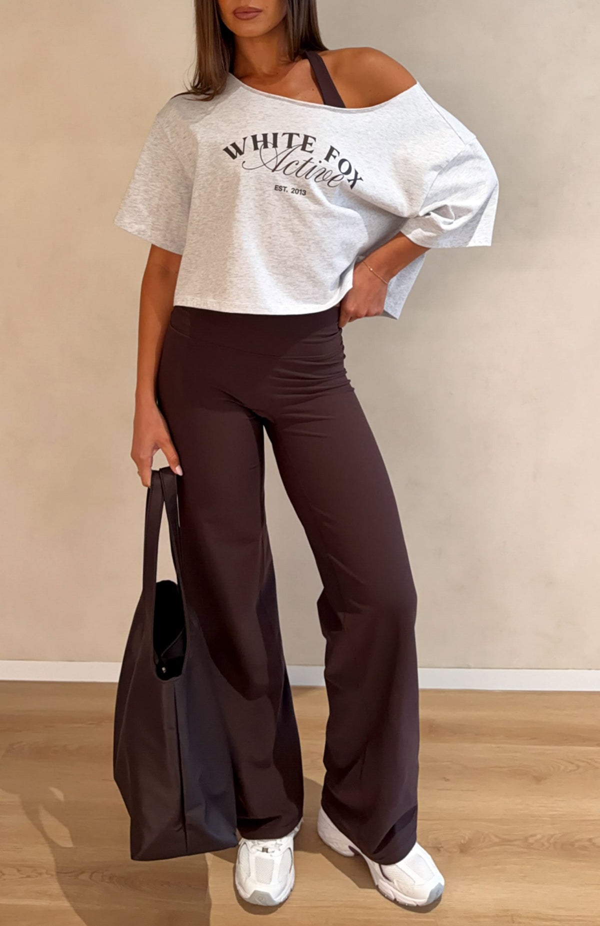 White Fox Far Away Off Shoulder Cropped Tee Grey Marle