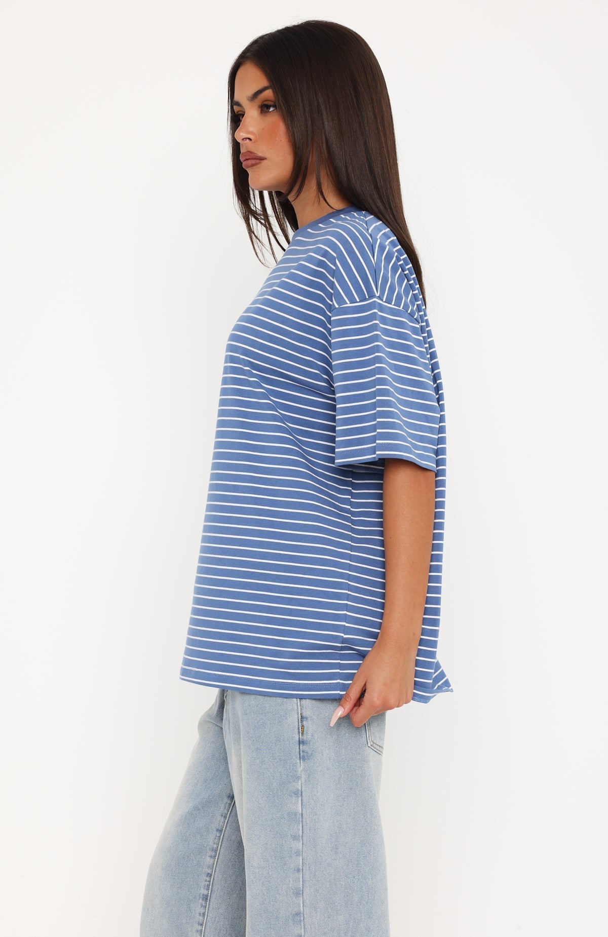 White Fox Touchdown Oversized Tee Blue/White Stripe