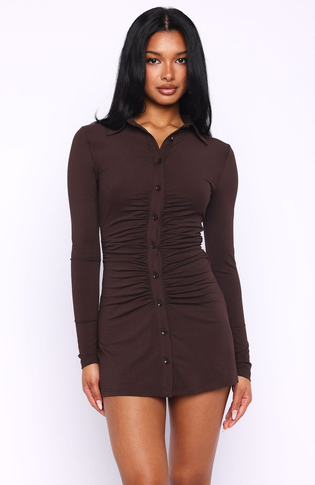 White Fox It's All For You Long Sleeve Mini Dress Chocolate