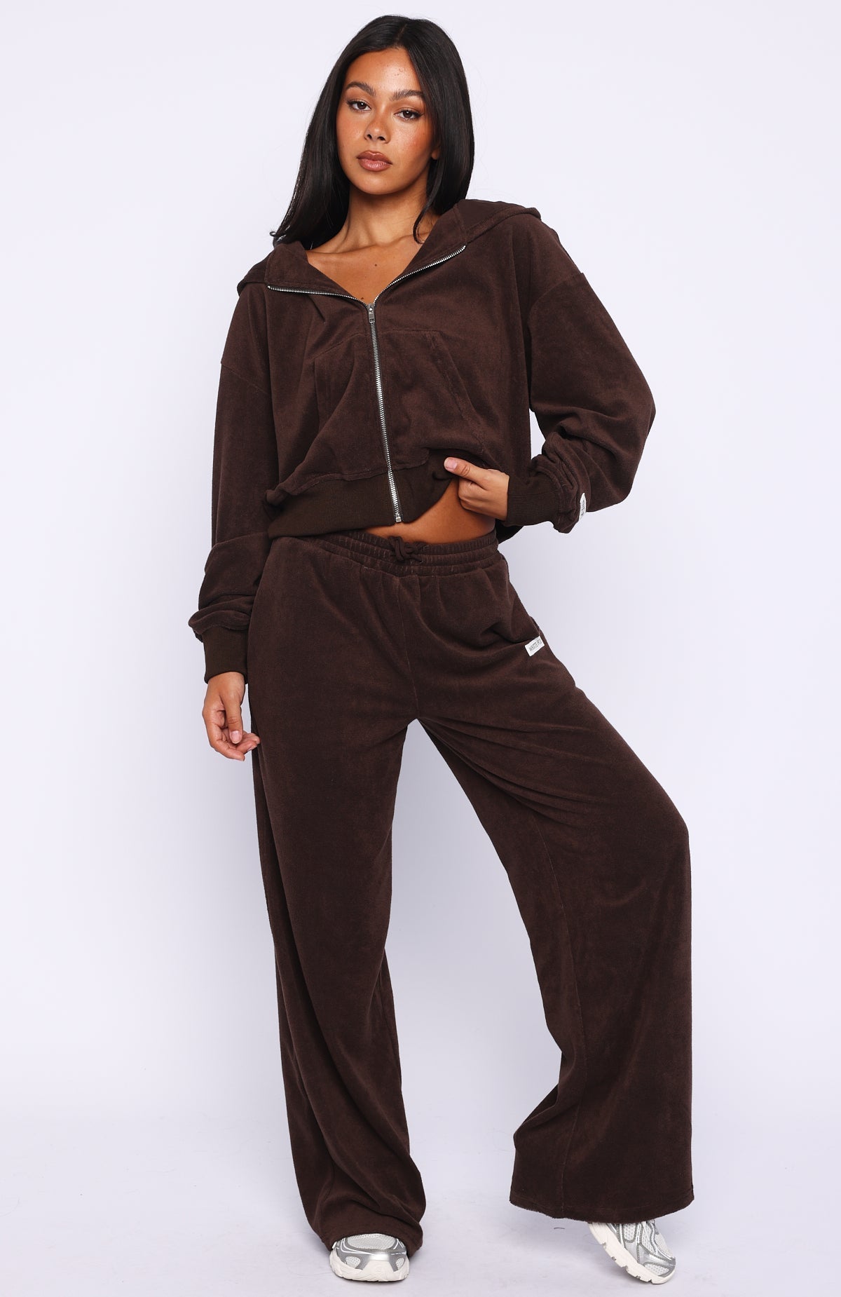 White Fox Causing Commotion Terry Boxy Zip Front Hoodie Chocolate