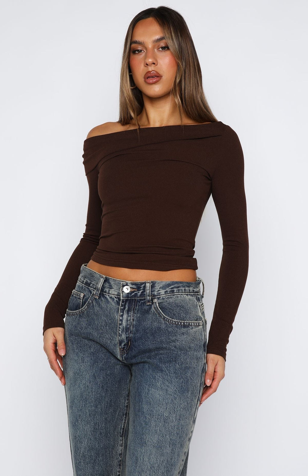 White Fox Swapping Digits Long Sleeve Top Chocolate