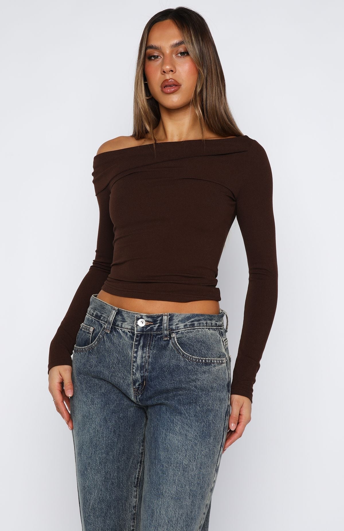 White Fox Swapping Digits Long Sleeve Top Chocolate