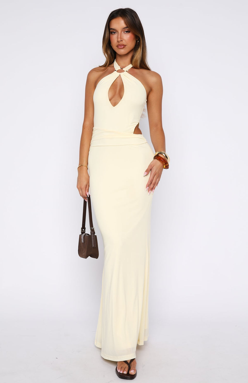 White Fox Beautiful Inside Out Halter Maxi Dress Lemon