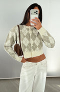 White Fox Beaufort Argyle Knit Cardigan Sage/Cream