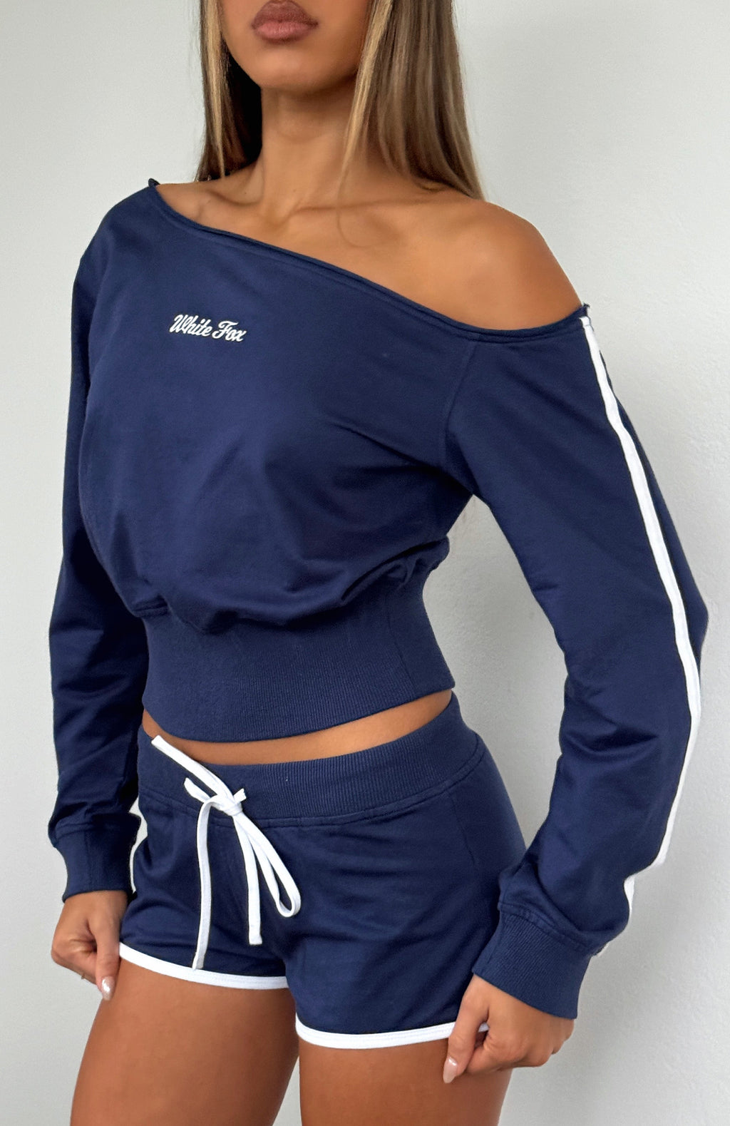 White Fox High Roller Off Shoulder Long Sleeve Sweater Navy