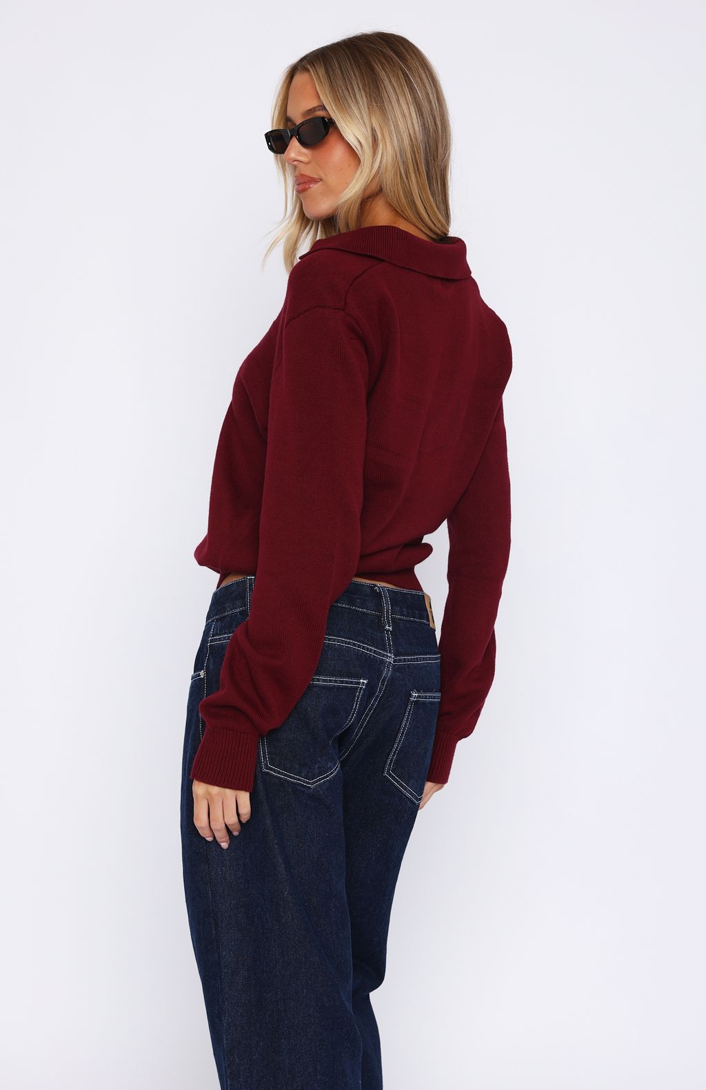 White Fox Must Be You Knitted Polo Sweater Burgundy