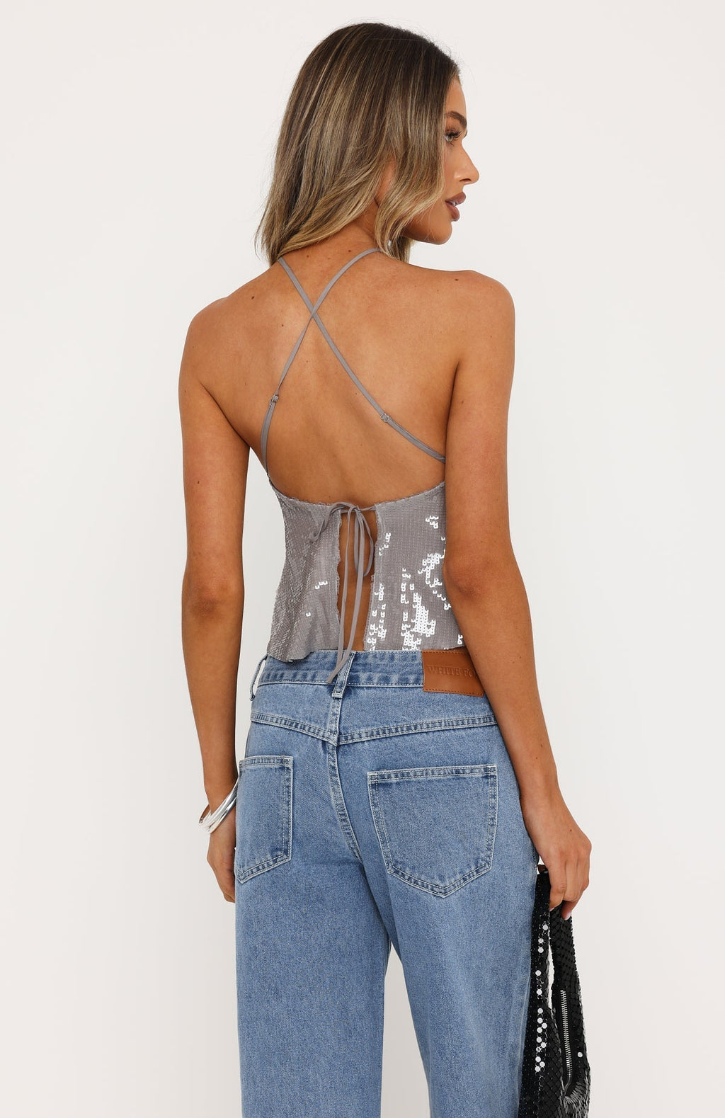 White Fox Under The Disco Ball Sequin Halter Top Silver