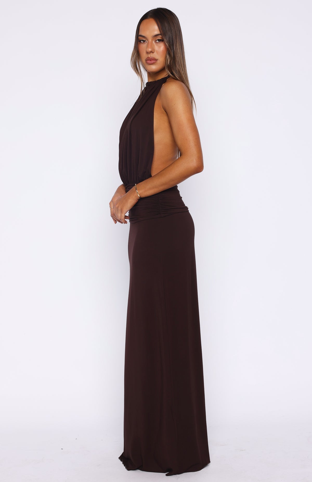 White Fox She's Got That Look Halter Neck Maxi Dress Dark Chocolate