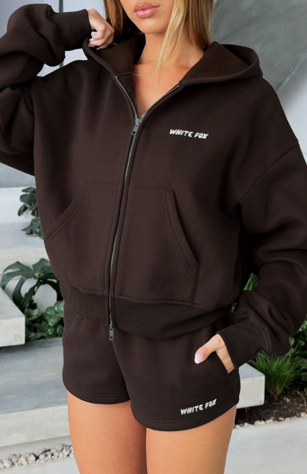 White Fox Test Drive Boxy Zip Front Hoodie Chocolate