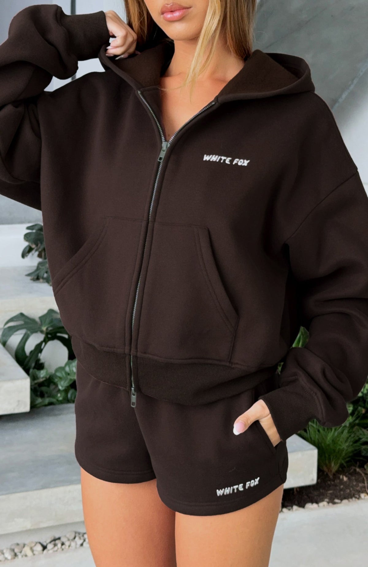 White Fox Test Drive Boxy Zip Front Hoodie Chocolate