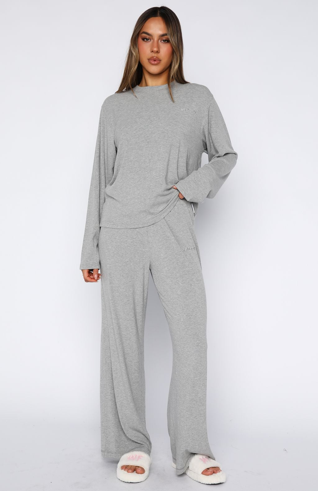 White Fox Come A Long Way Soft Lounge Long Sleeve Ribbed Tee Grey Marle