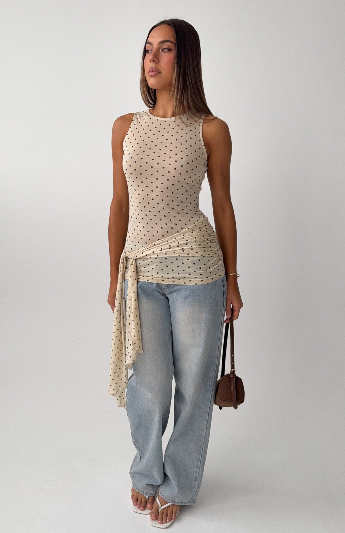 White Fox Pinch Me Tie Top Butter/Black Polka Dot
