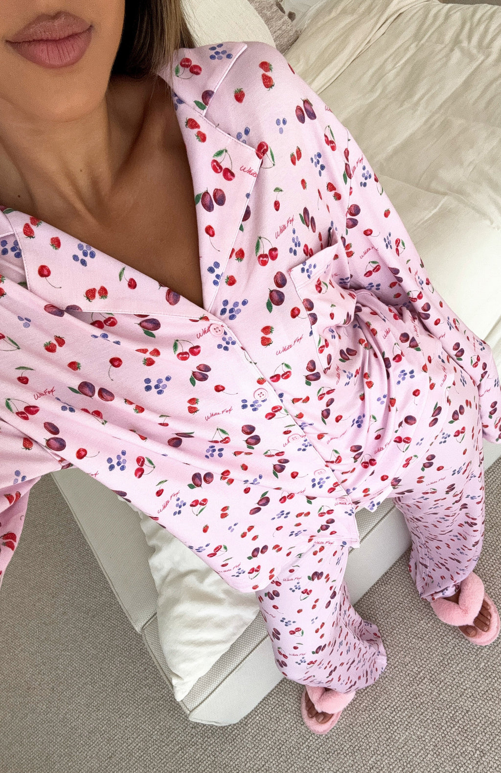 White Fox Pillow Talk Printed Long Sleeve Pyjama Set Pink Berries