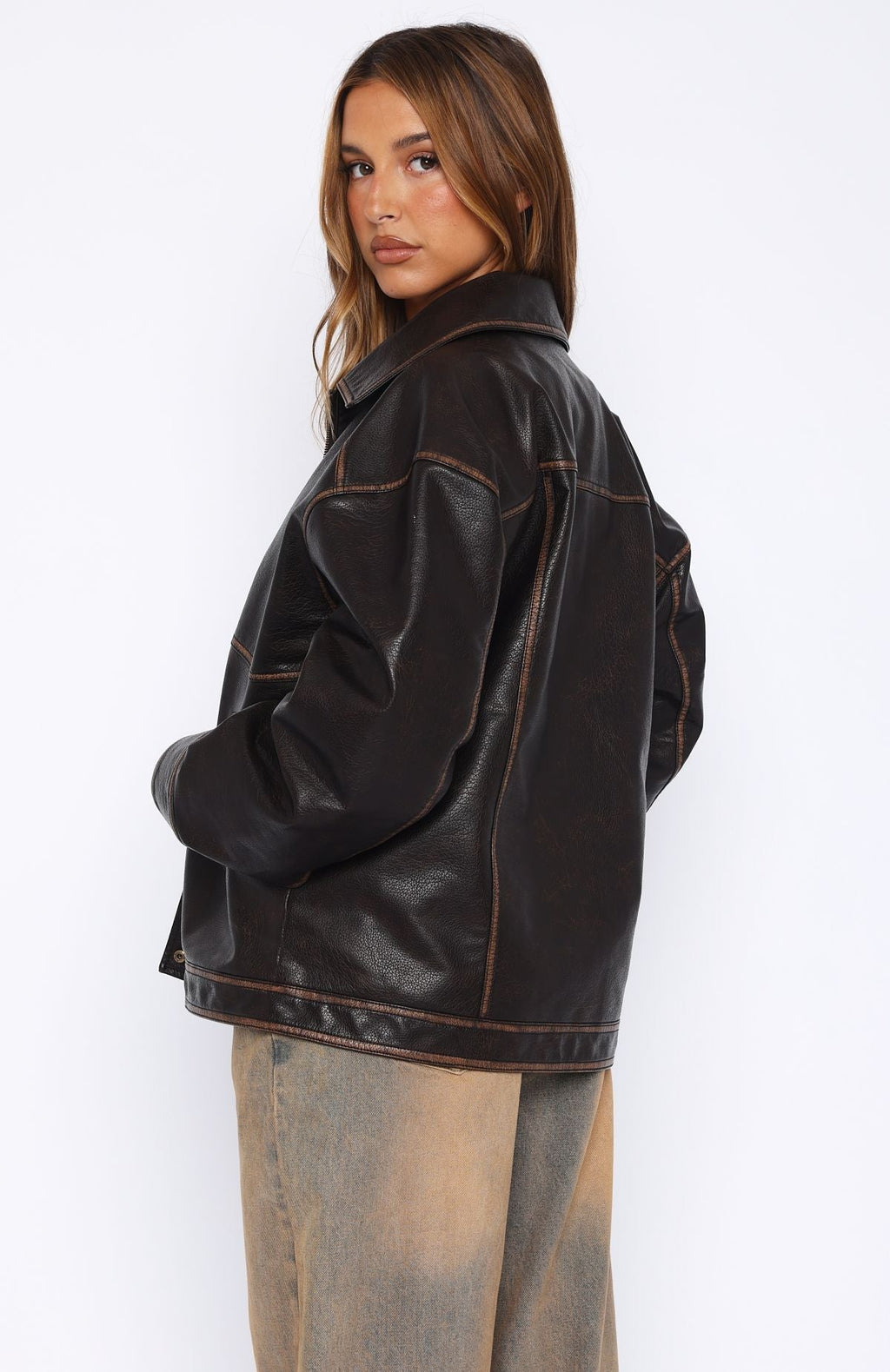 White Fox A London Girl PU Jacket Washed Chocolate