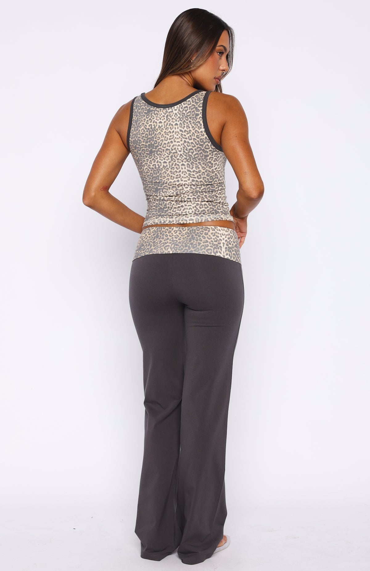 White Fox My Own Sunshine Fold Over Pants Charcoal/Leopard Print