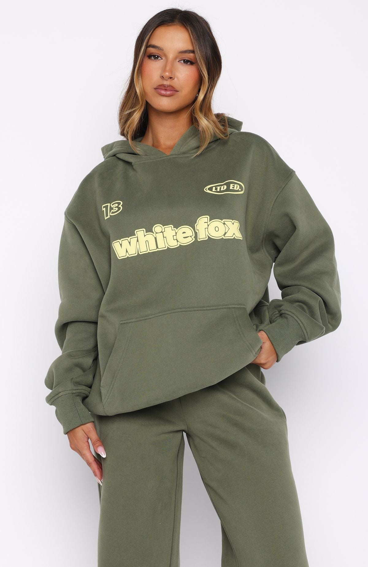 White Fox Ready To Go Oversized Hoodie Khaki