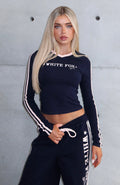White Fox Star Of The Night Long Sleeve V Neck Baby Tee Navy