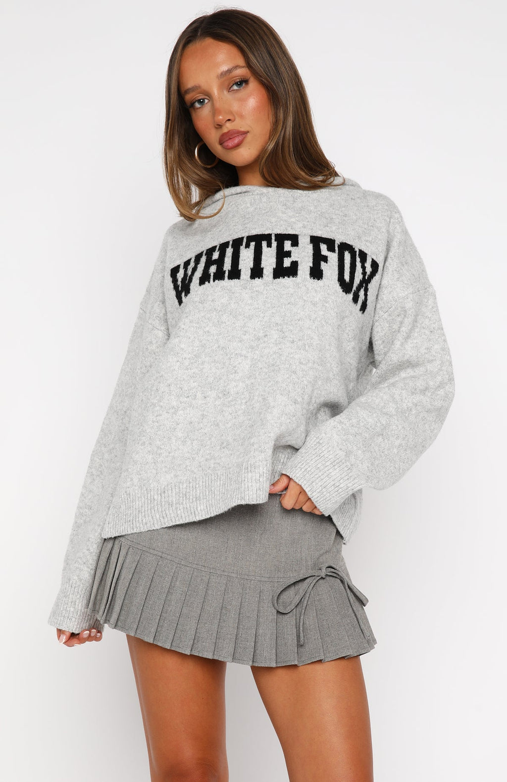 White Fox Off To Better Things Oversized Knit Hoodie Light Grey