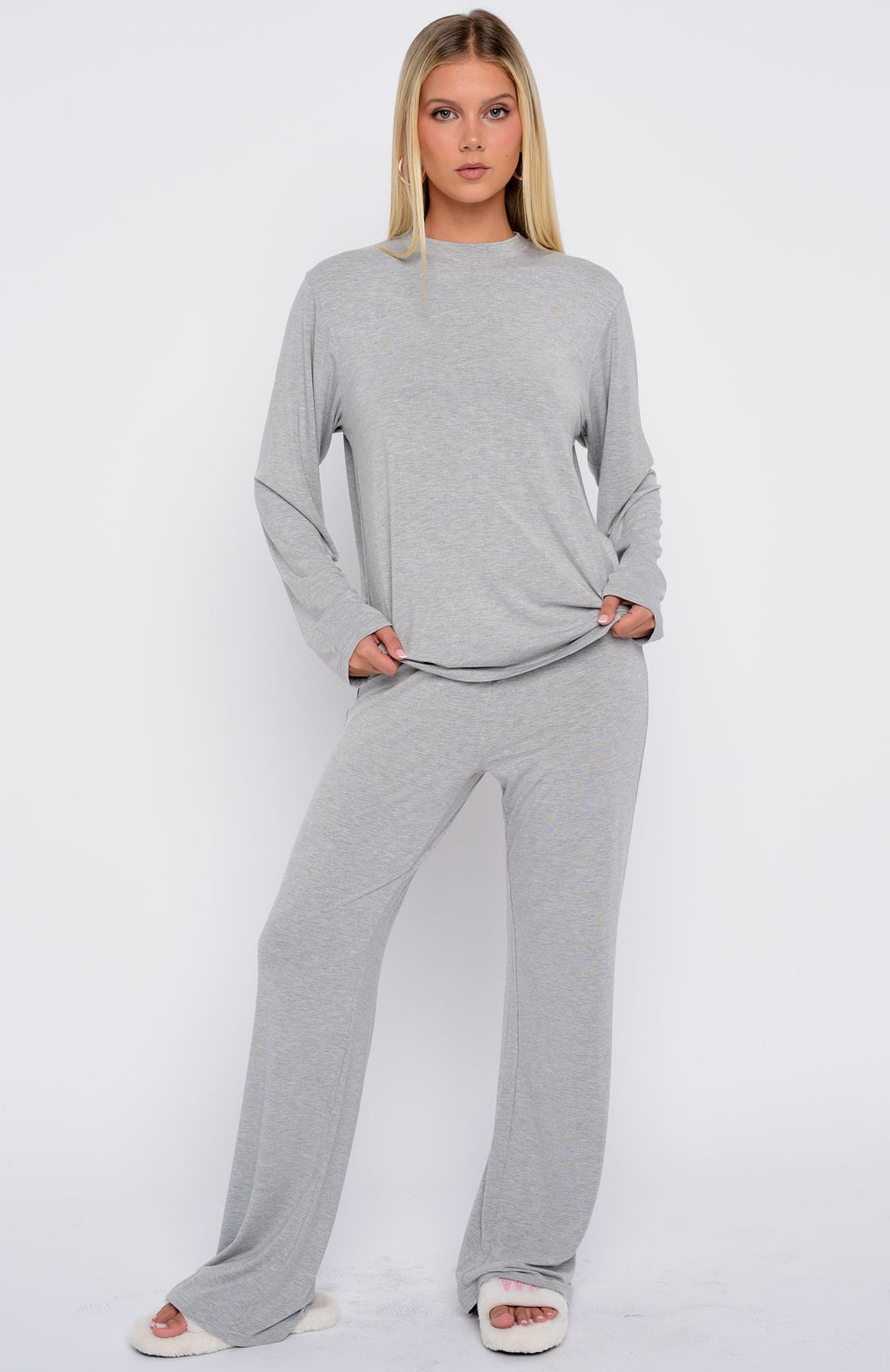 White Fox Slow Life Long Sleeve Pyjama Top Grey Marle
