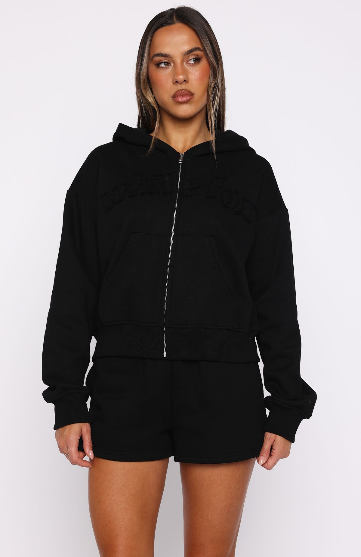 White Fox From The Archives Lexi Boxy Zip Front Hoodie Black