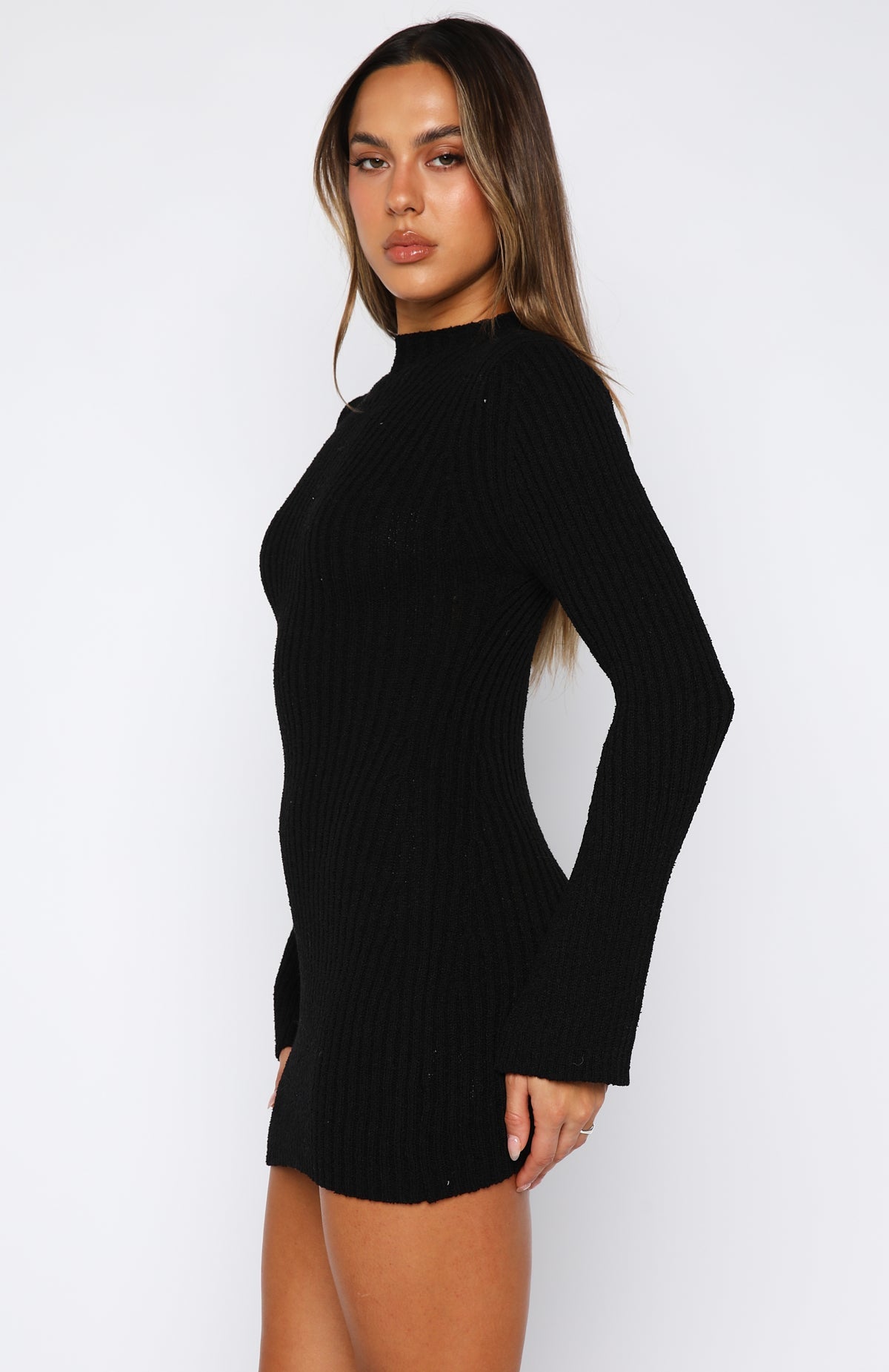 White Fox Get On Down Long Sleeve Knit Mini Dress Black