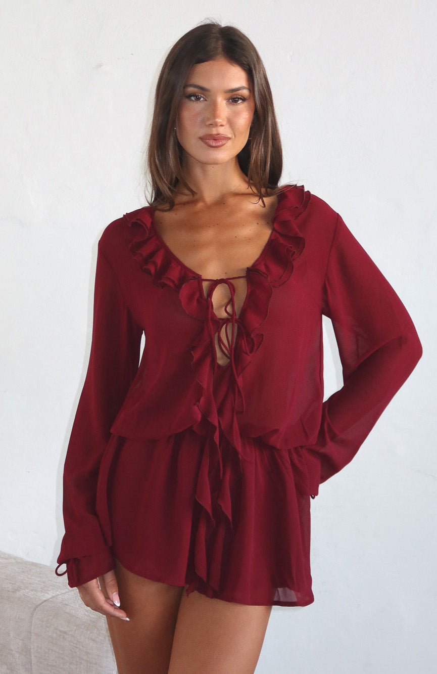 White Fox Eternal Energy Long Sleeve Mini Dress Burgundy