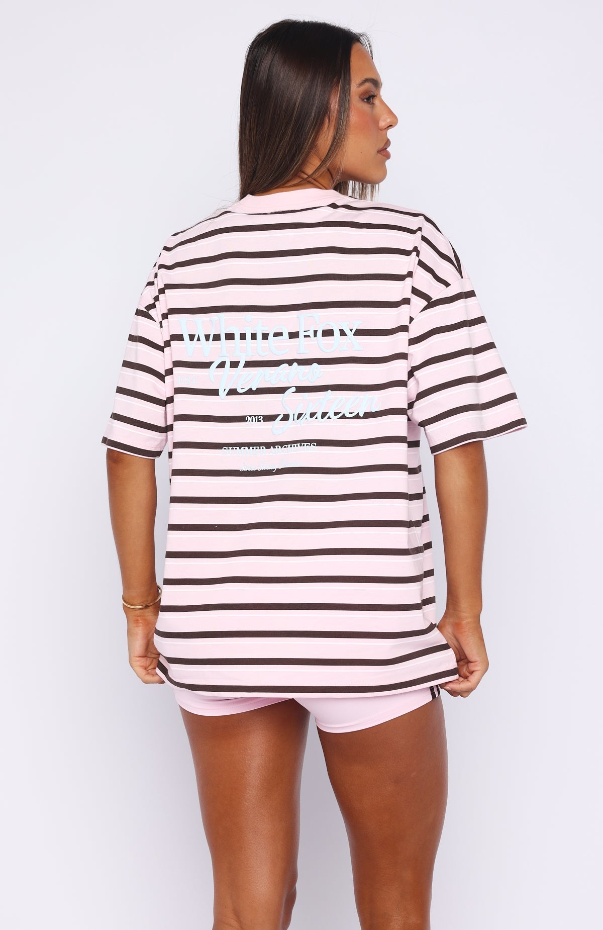 White Fox Verano Sixteen Viola Oversized Tee Pink Stripe