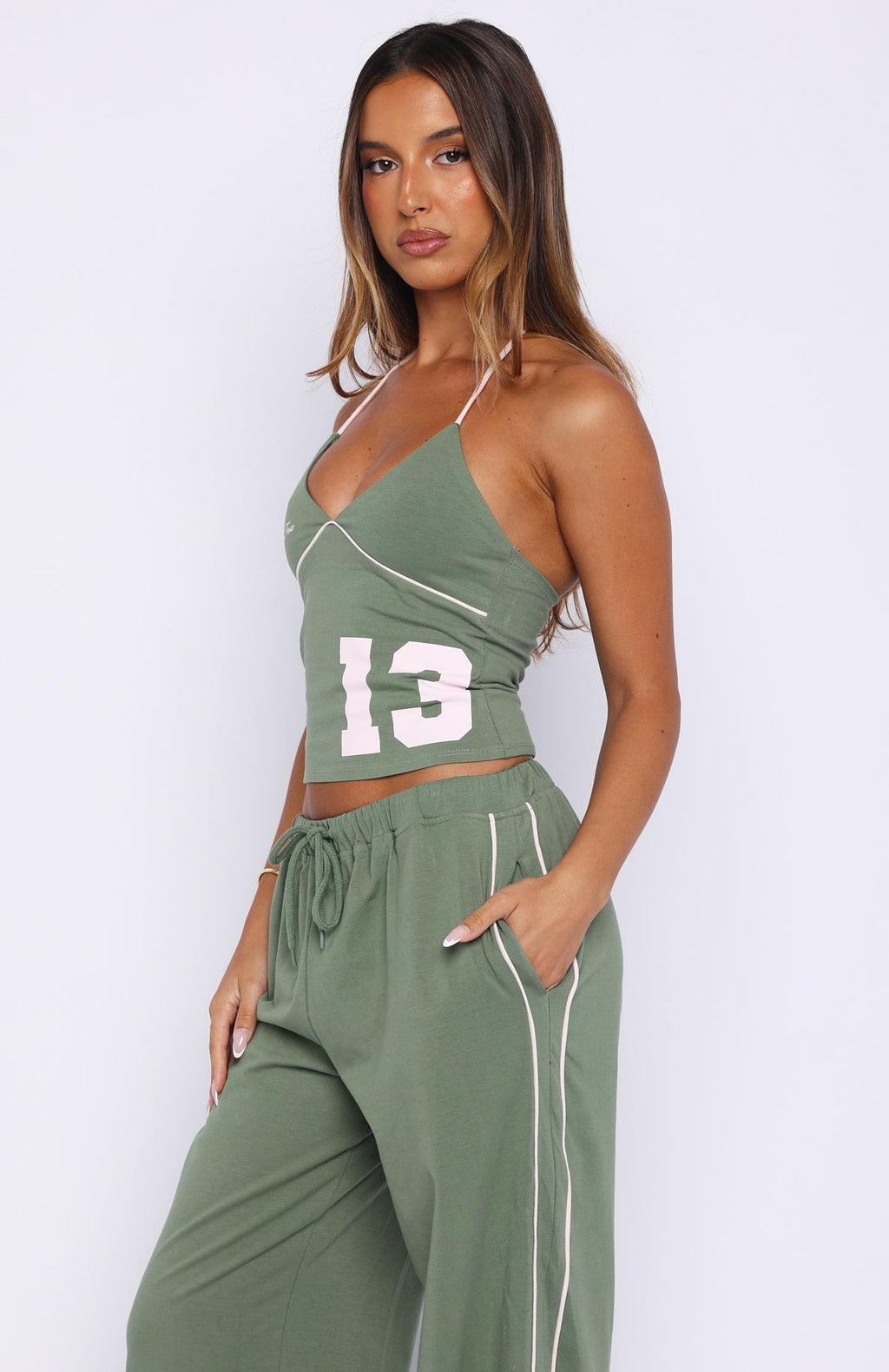 White Fox Can't Help The Feeling Halter Top Khaki