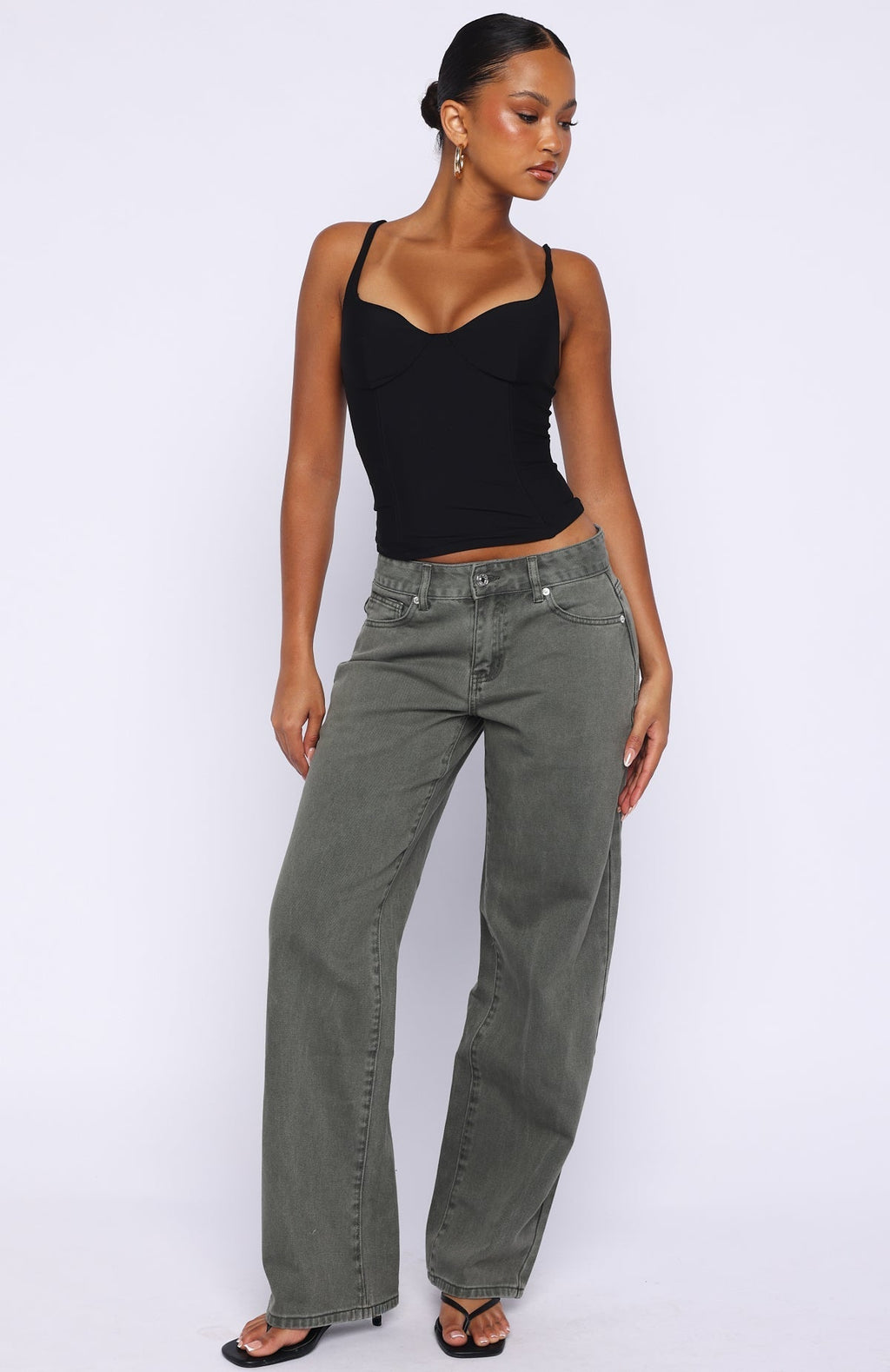 White Fox Bring The Style Low Rise Wide Leg Jeans Olive Wash