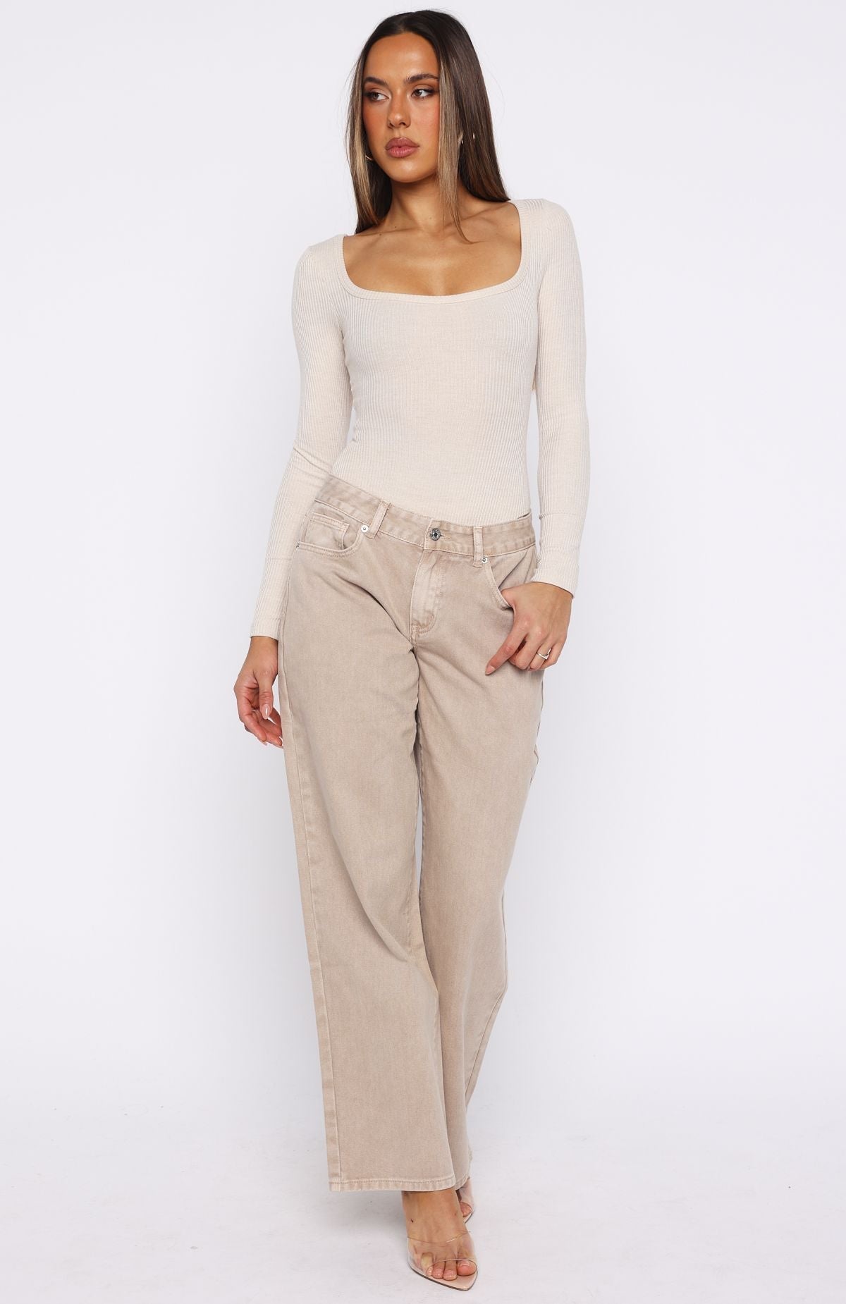 White Fox Bring The Style Low Rise Wide Leg Jeans Sesame Wash