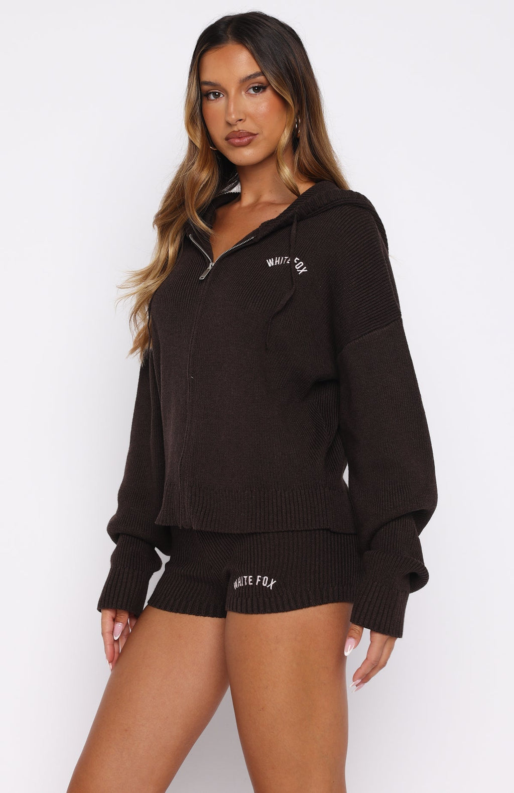 White Fox Floating By Knit Zip Front Hoodie Chocolate