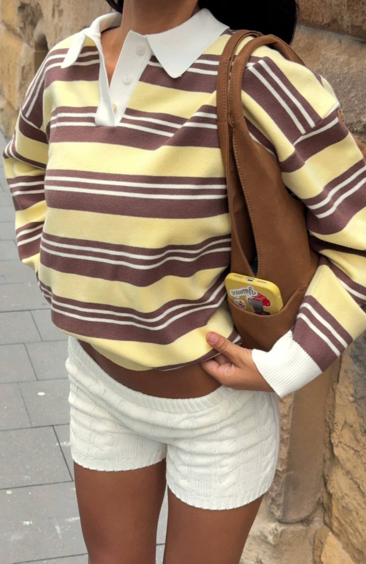 White Fox Soft Rewind Knit Sweater Honeycomb Choc Stripe