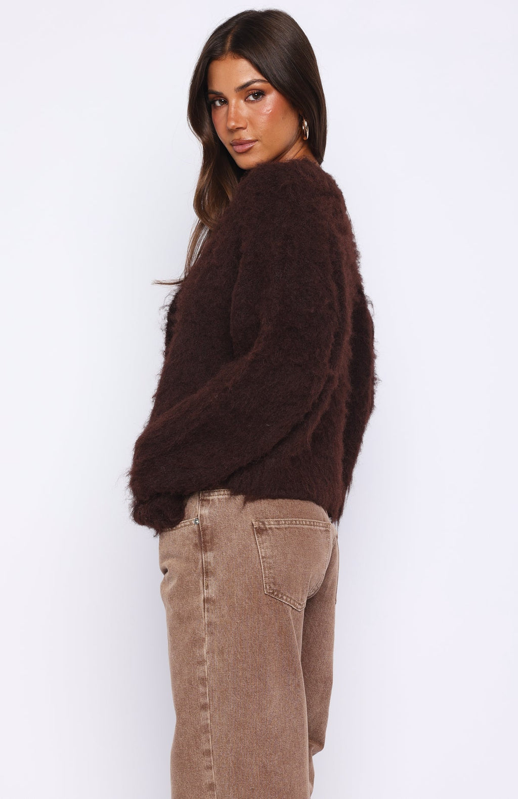 White Fox Cozy Vibes Knit Cardigan Chocolate