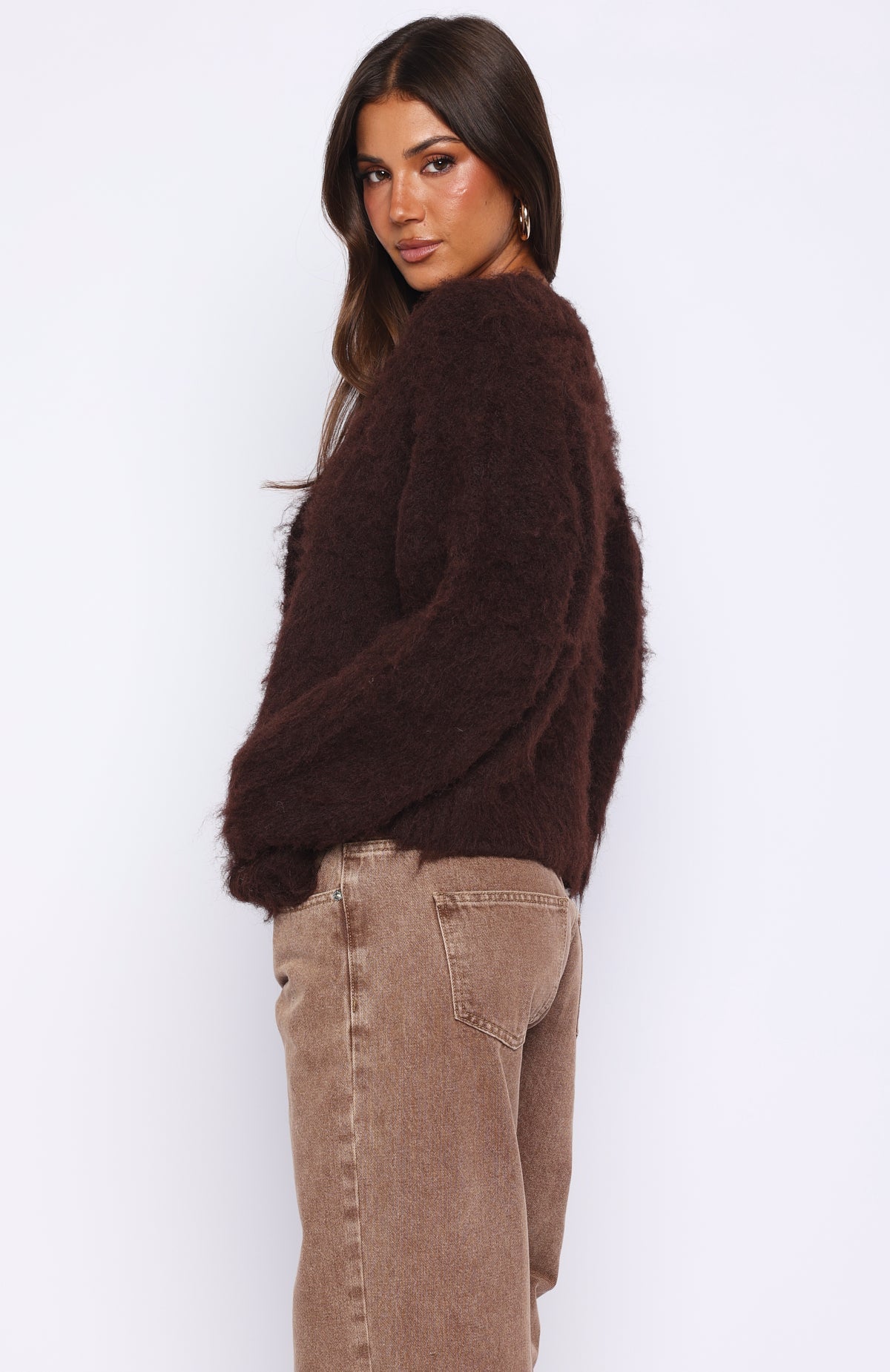 White Fox Cozy Vibes Knit Cardigan Chocolate