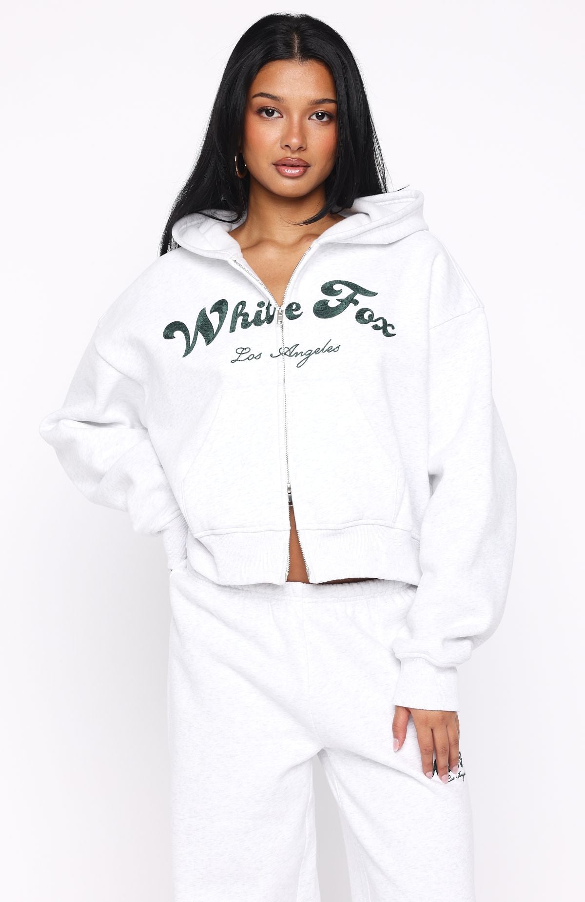 White Fox Through Thick And Thin Boxy Zip Front Hoodie Grey Marle