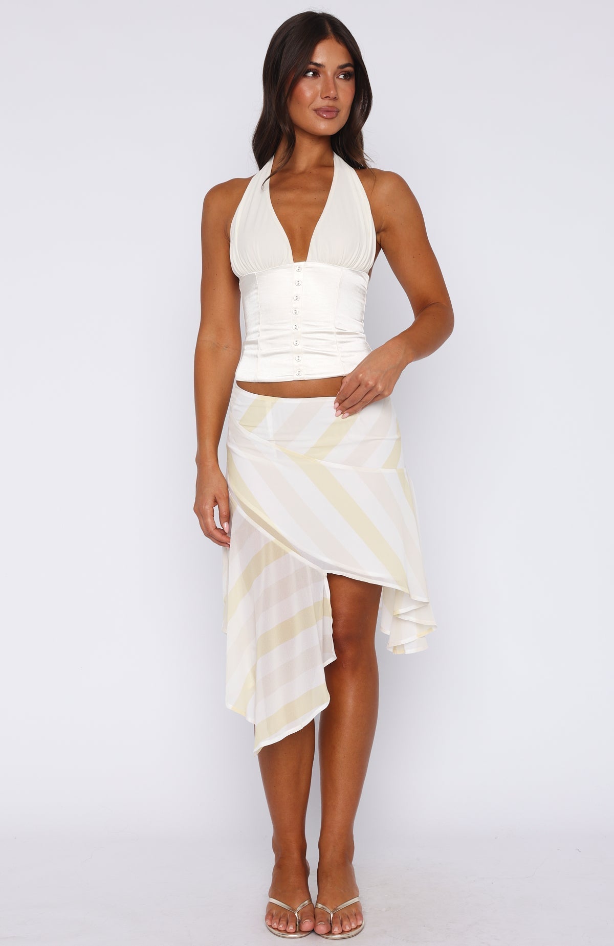 White Fox Crazy Romantic Midi Skirt Citrus Stripe