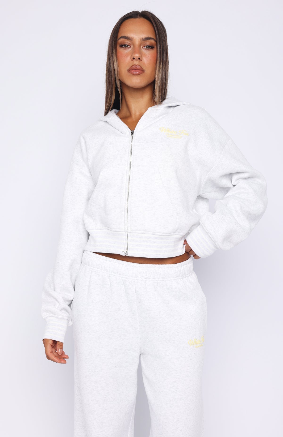 White Fox Verano Sixteen Fiorella Boxy Zip Front Hoodie Grey Marle