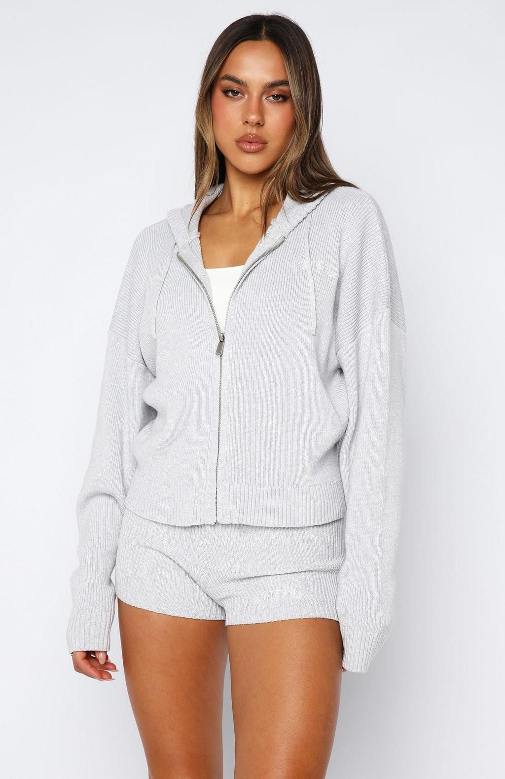 White Fox Floating By Knit Zip Front Hoodie Grey Marle