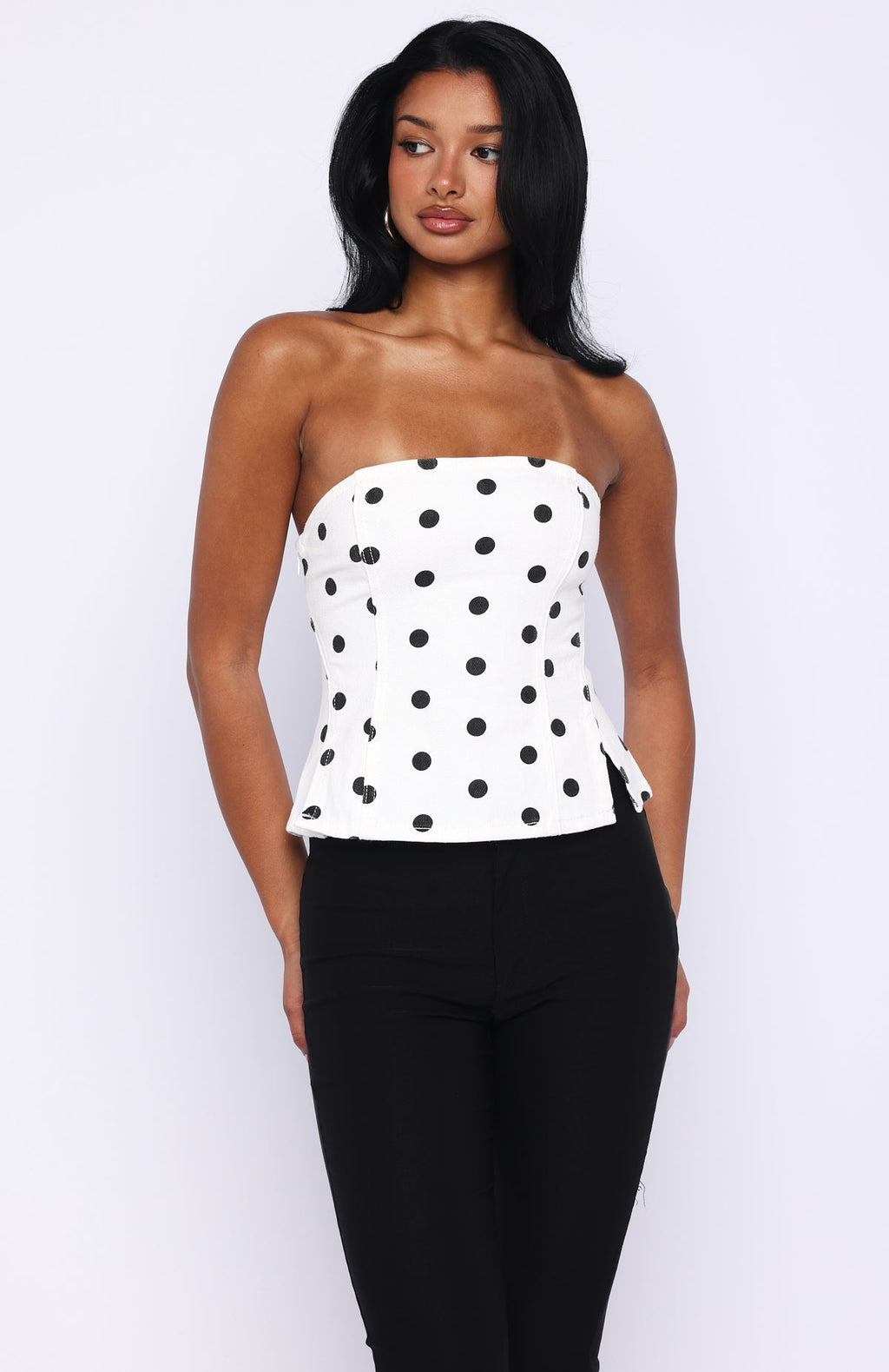 White Fox More Power Strapless Denim Top White/Black Polka Dot