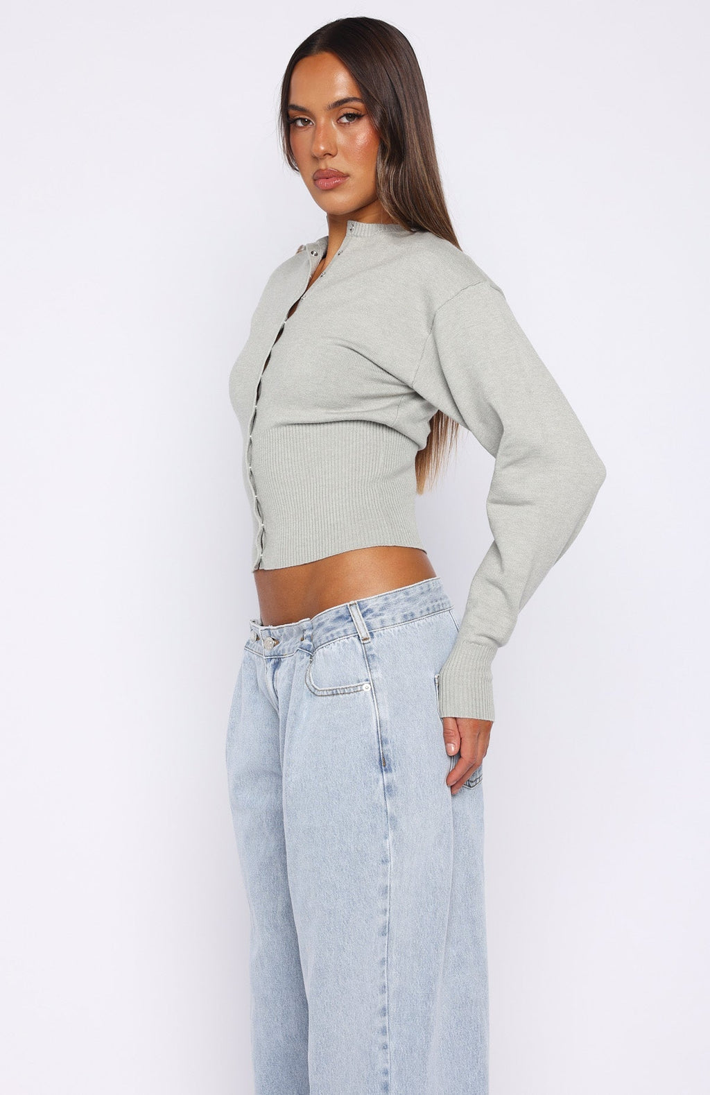 White Fox Cindy Cinched Knit Top Grey