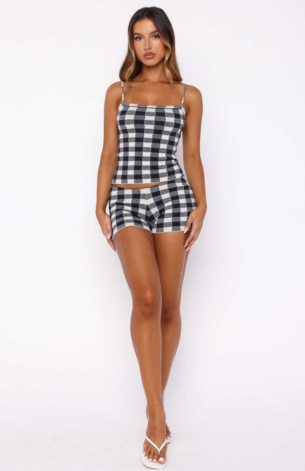 White Fox Iconic Duo Knit Cami Top Navy/Cream Gingham