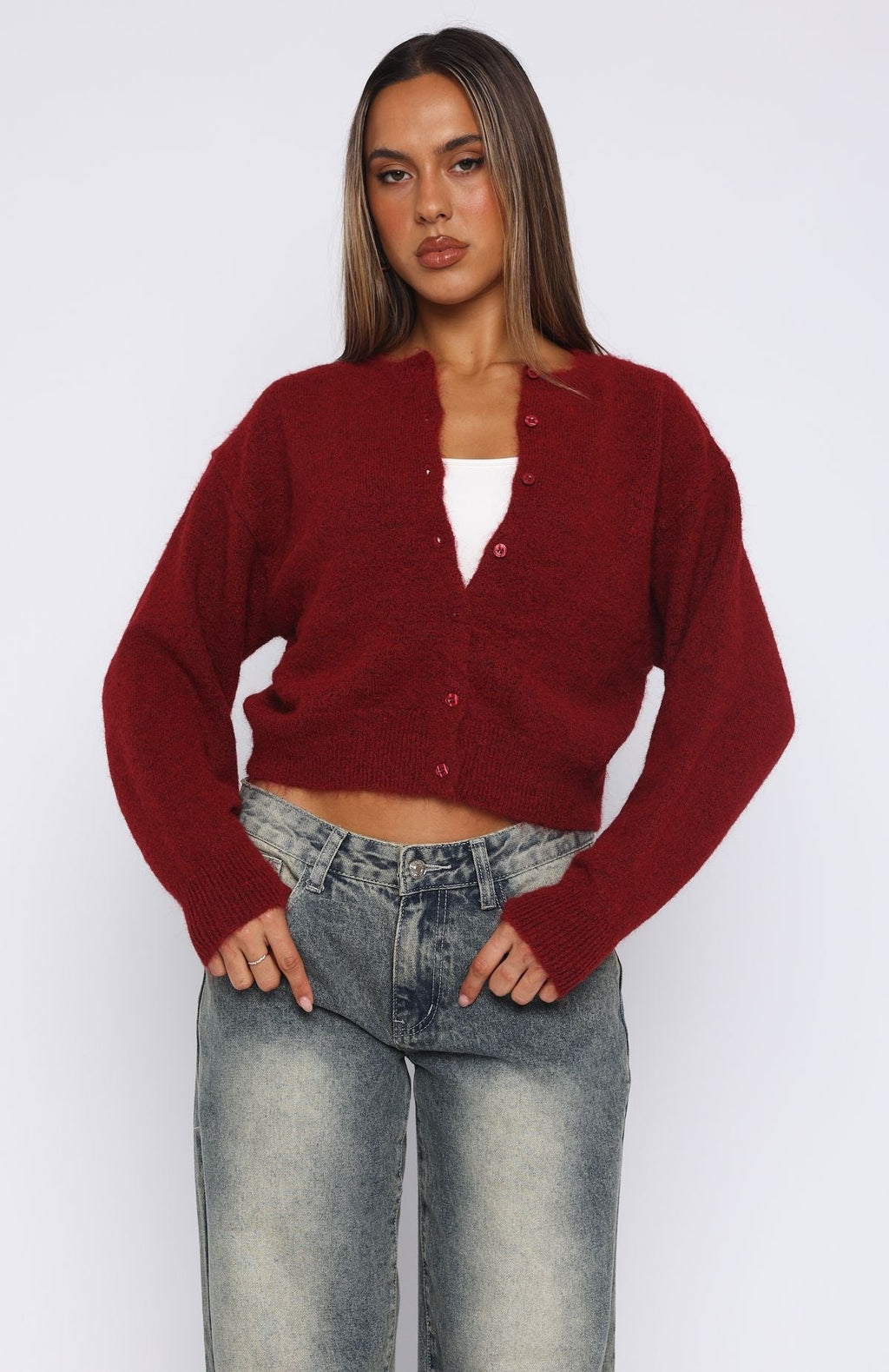 White Fox Warm Whispers Knit Cardigan Burgundy