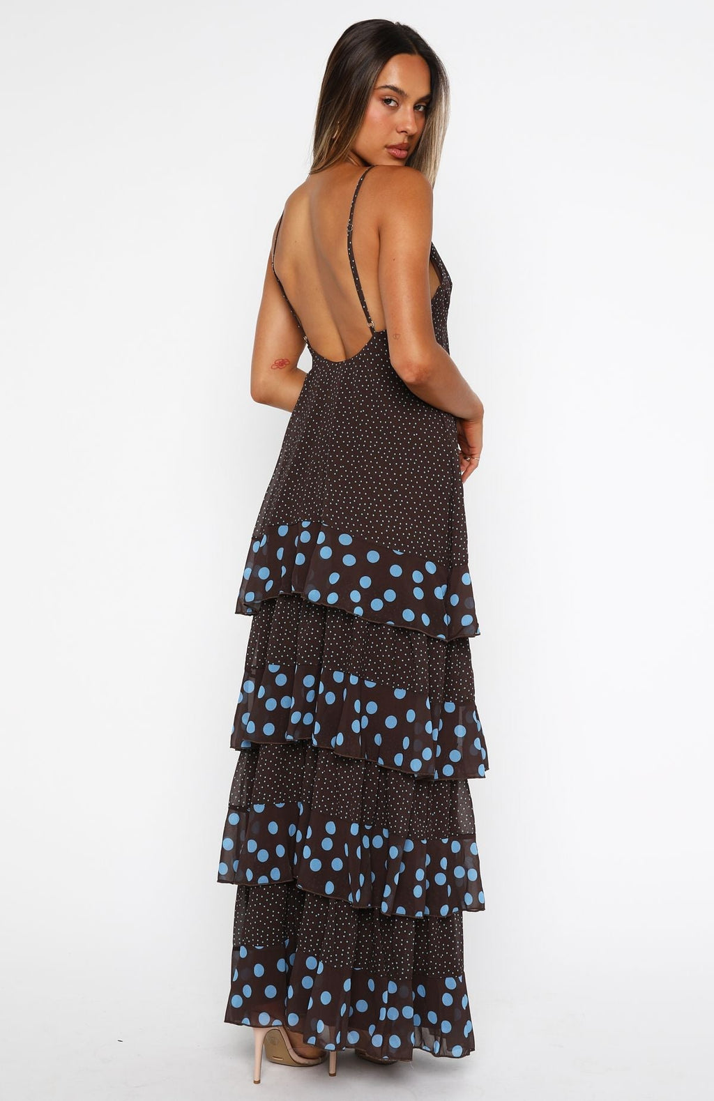 White Fox Princess Maxi Dress Chocolate/Blue Polka Dot