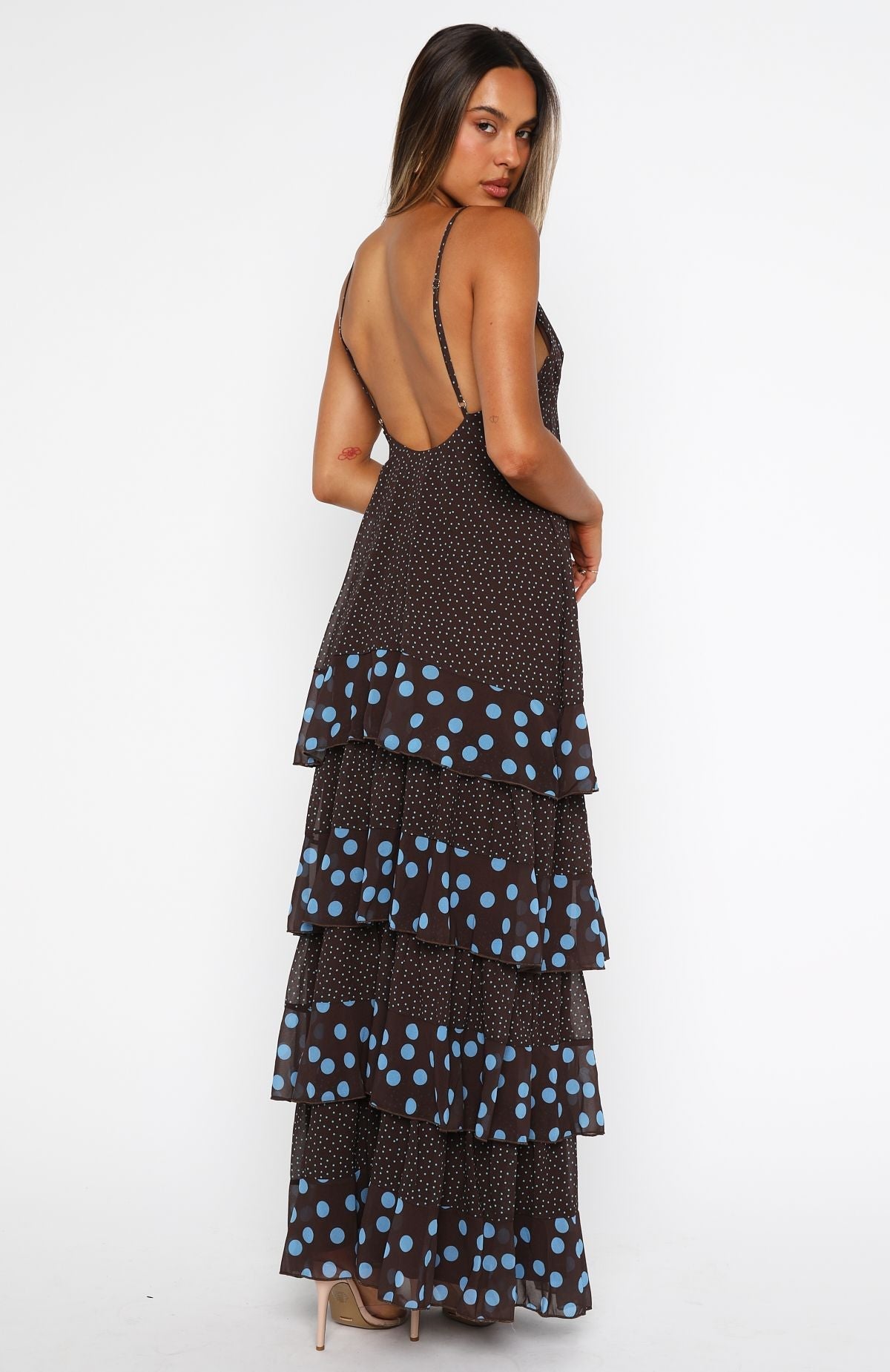White Fox Princess Maxi Dress Chocolate/Blue Polka Dot