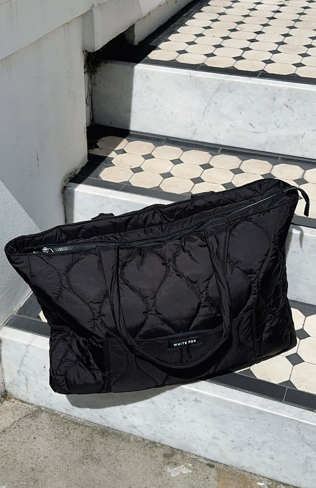 White Fox Always Moving Quilted Tote Bag Black