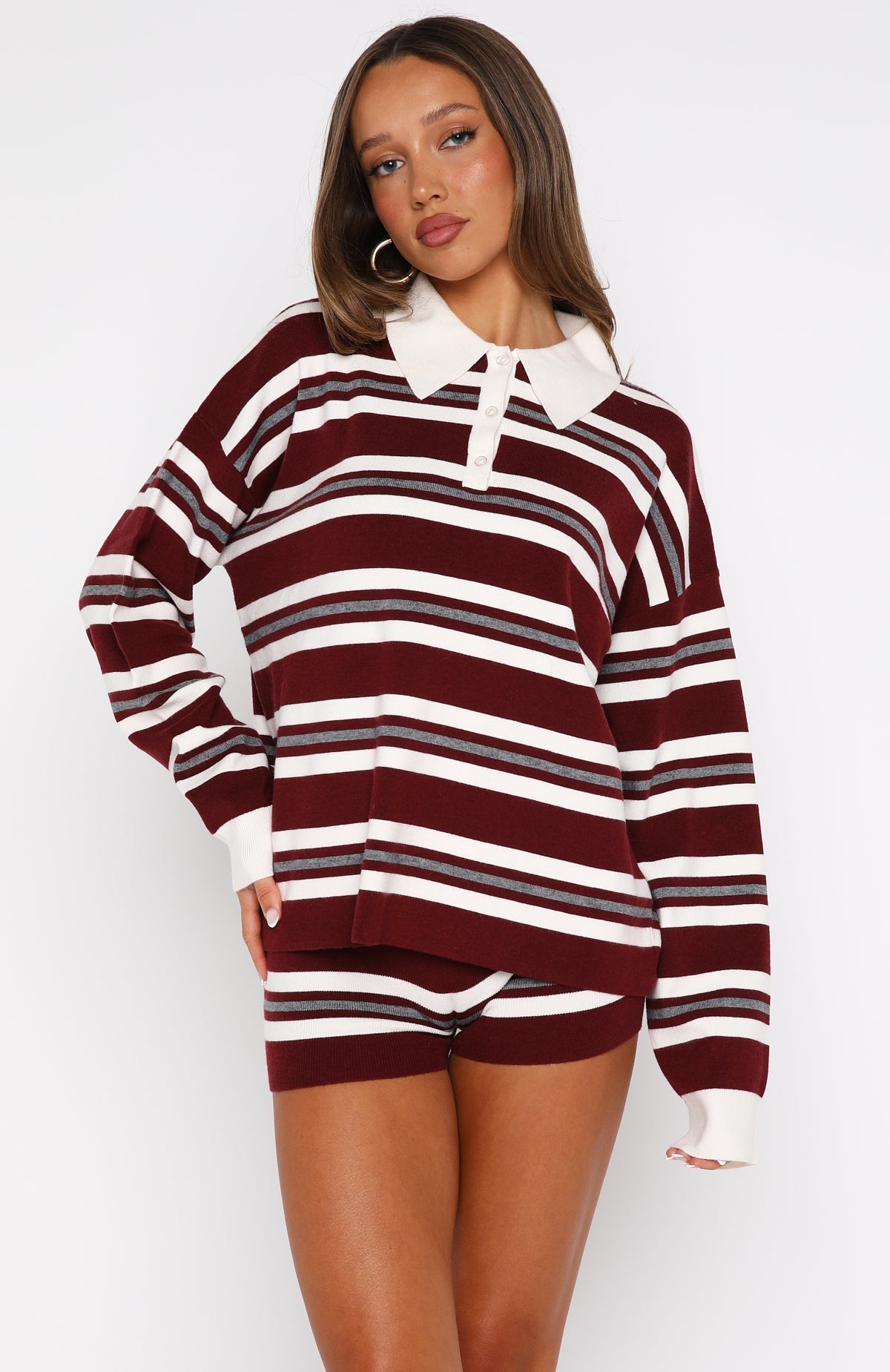 White Fox It's Ok, I'm Ok Knit Sweater Wine Stripe