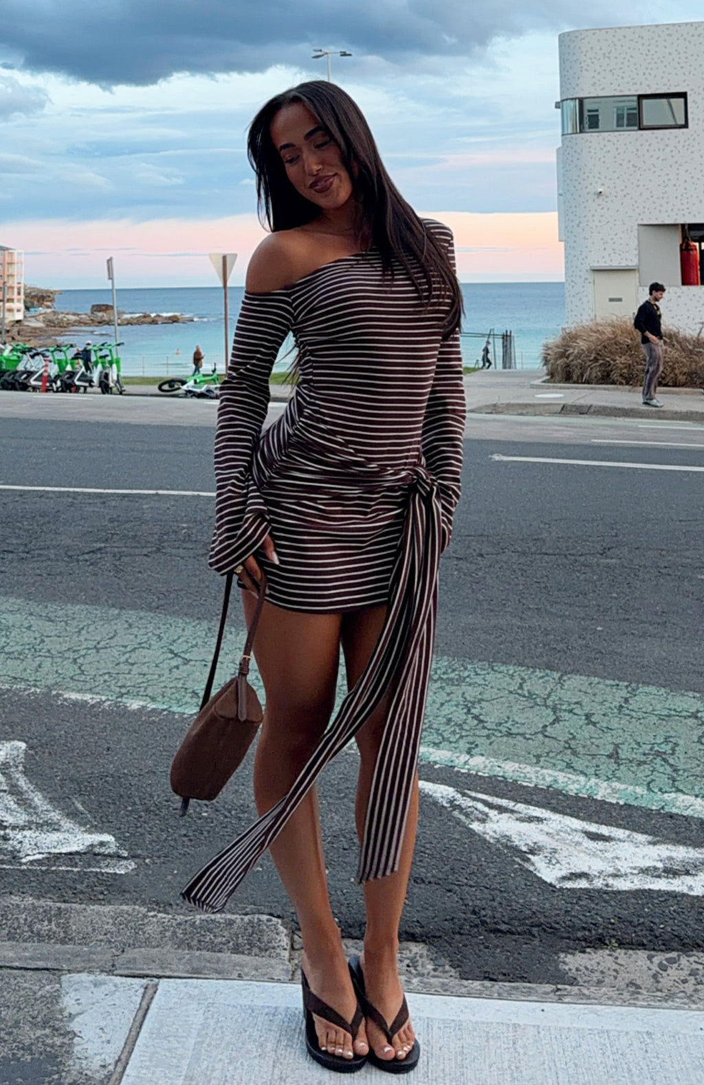 White Fox On Her Throne Off Shoulder Long Sleeve Mini Dress Chocolate/Marle Stripe