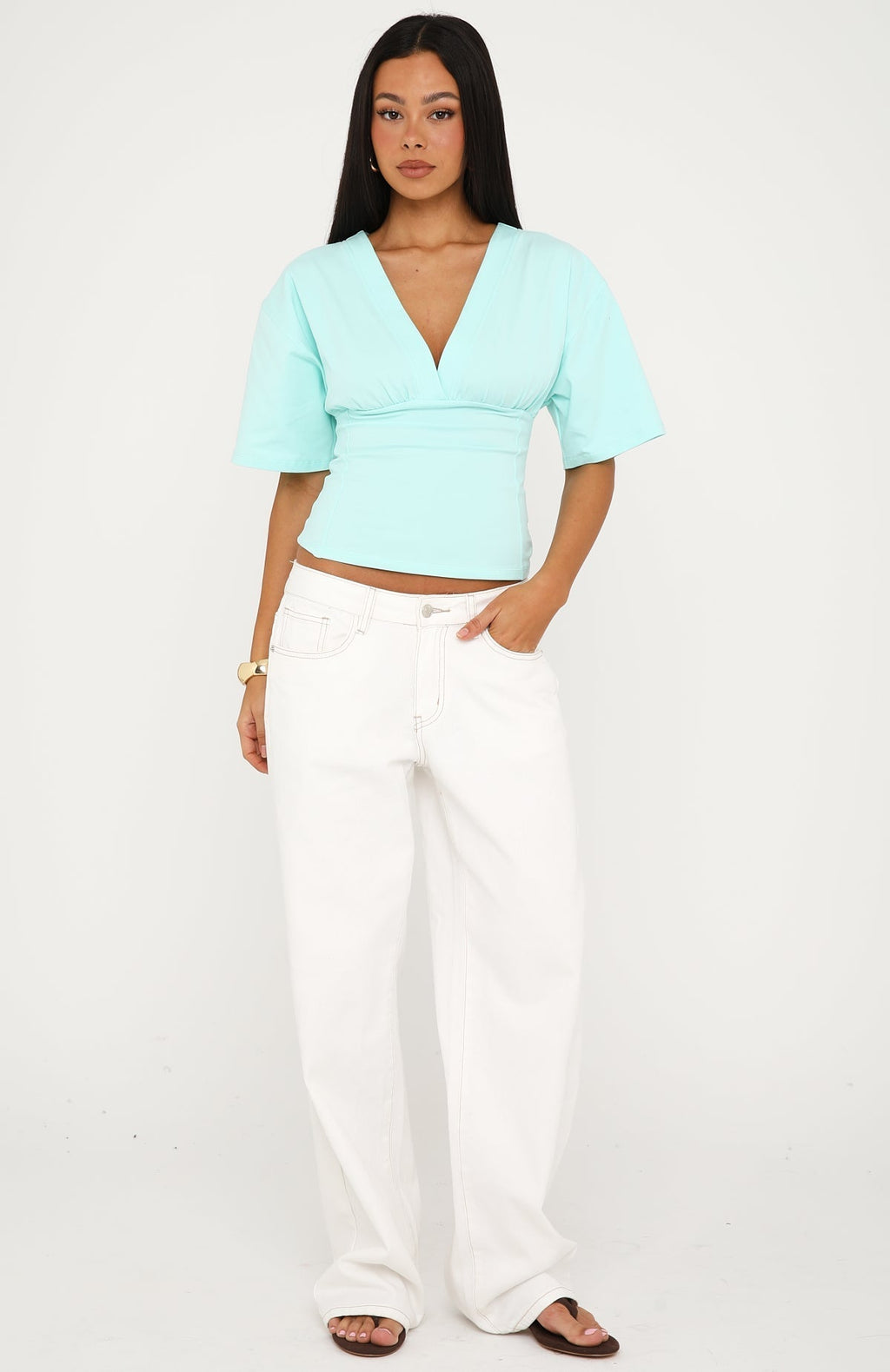 White Fox All On The Line V Neck Short Sleeve Top Mint