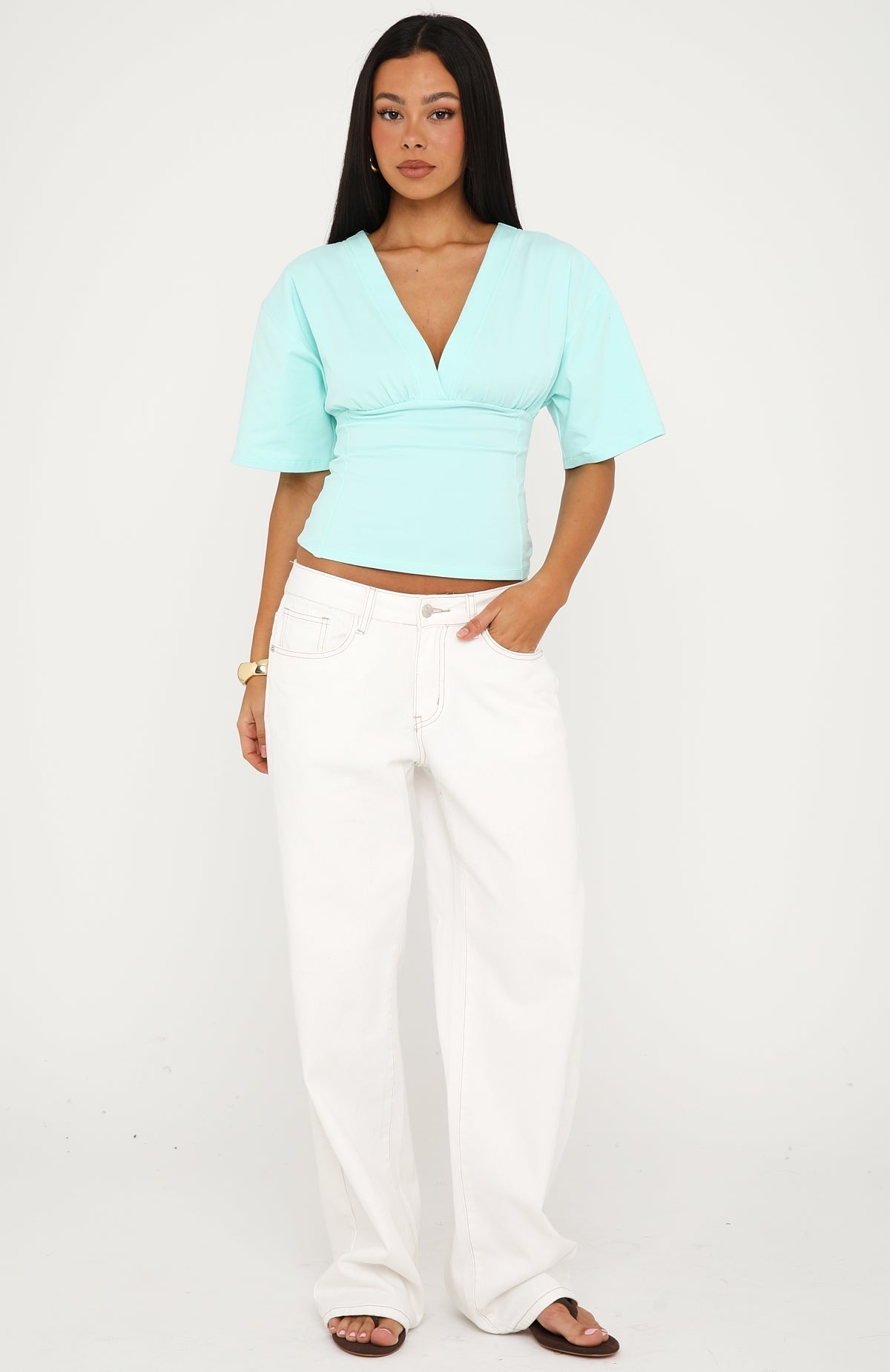 White Fox All On The Line V Neck Short Sleeve Top Mint