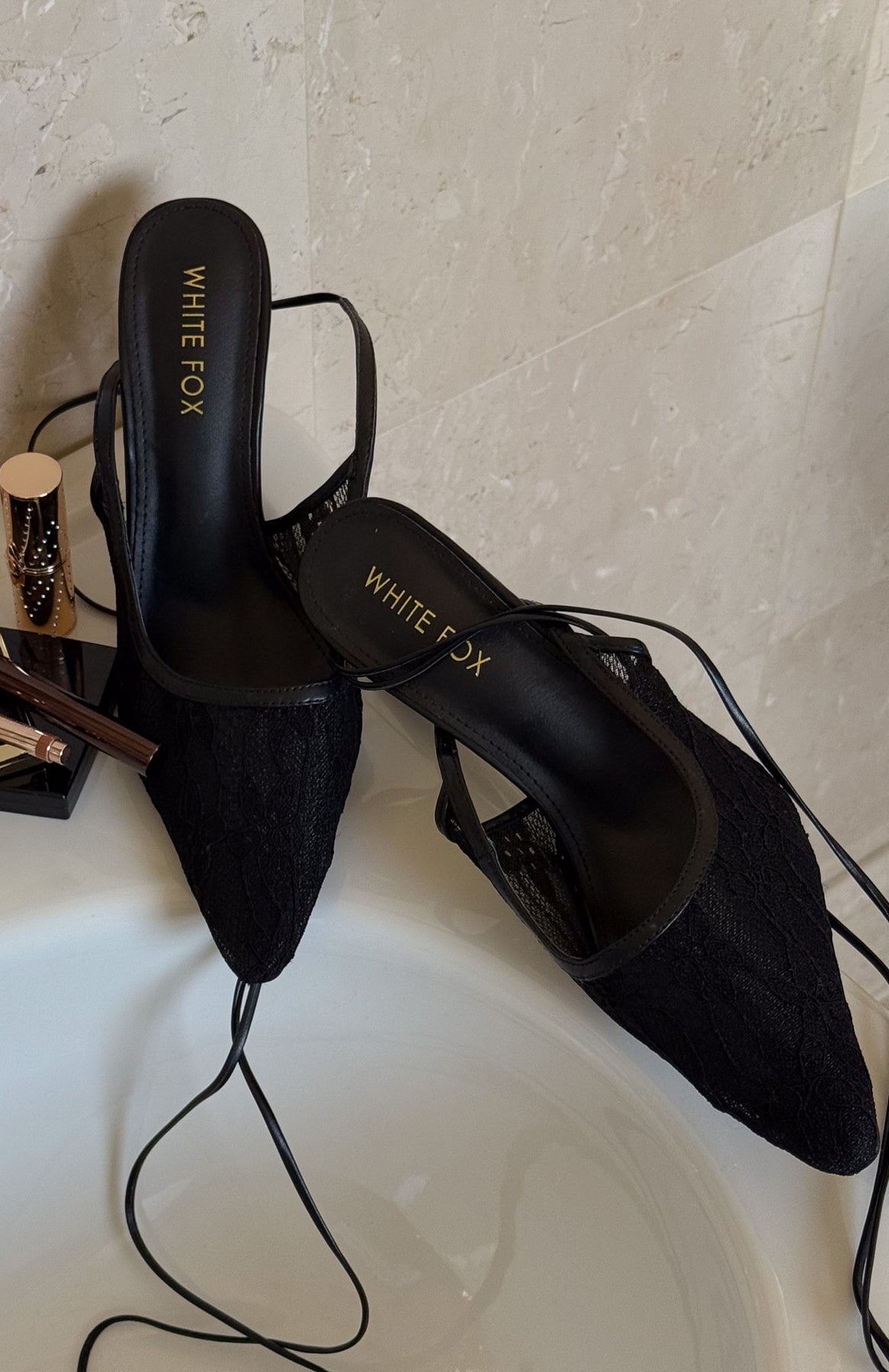 White Fox Sonnet Wrap Heels Black Lace